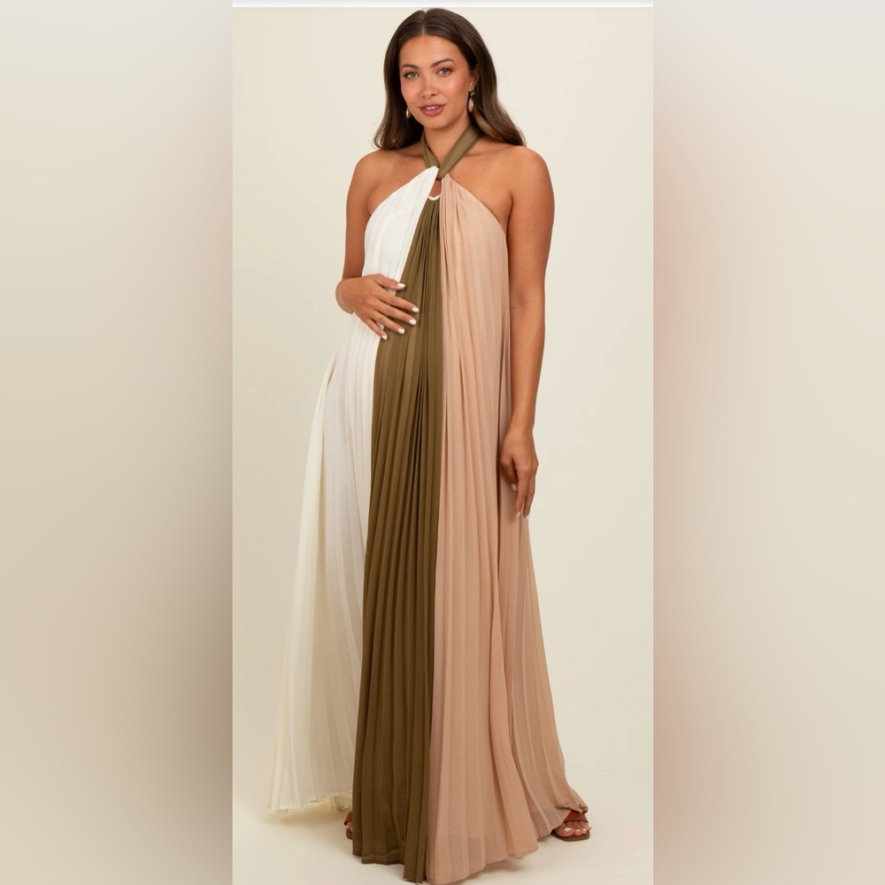 Pinkblush Olive Colorblock Pleated Halter Neck Maternity Maxi Dress Size Large